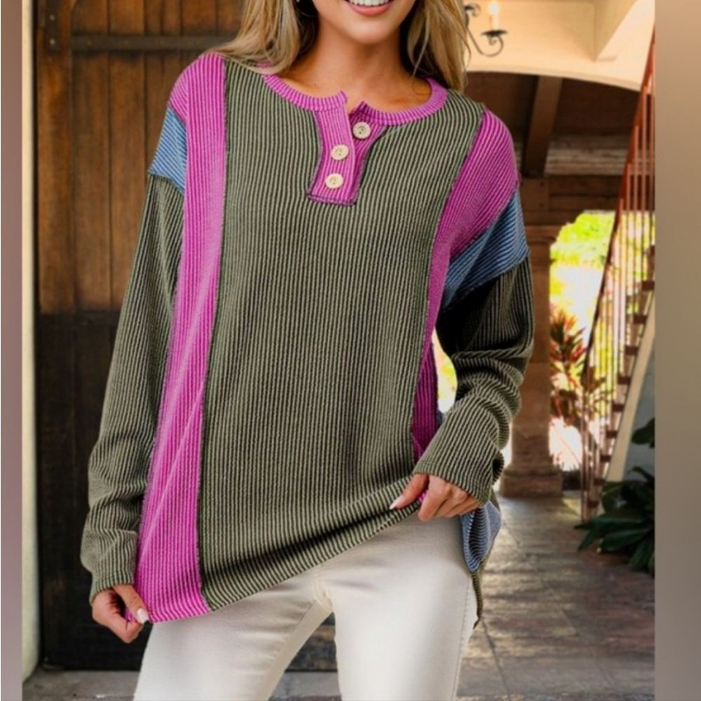 7th Ray Pink and Olive Ribbed Long Sleeve Top